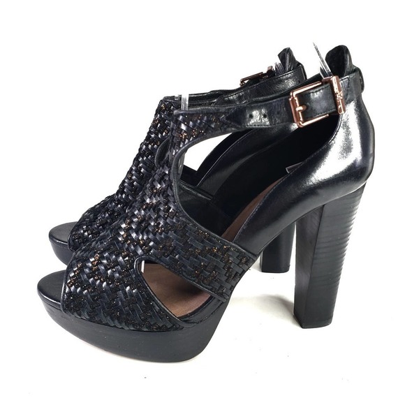 Elliot Lucca Bernadette Woven Leather T-Strap Heel 7.5 Black Sandal Ankle Buckle - Picture 1 of 13